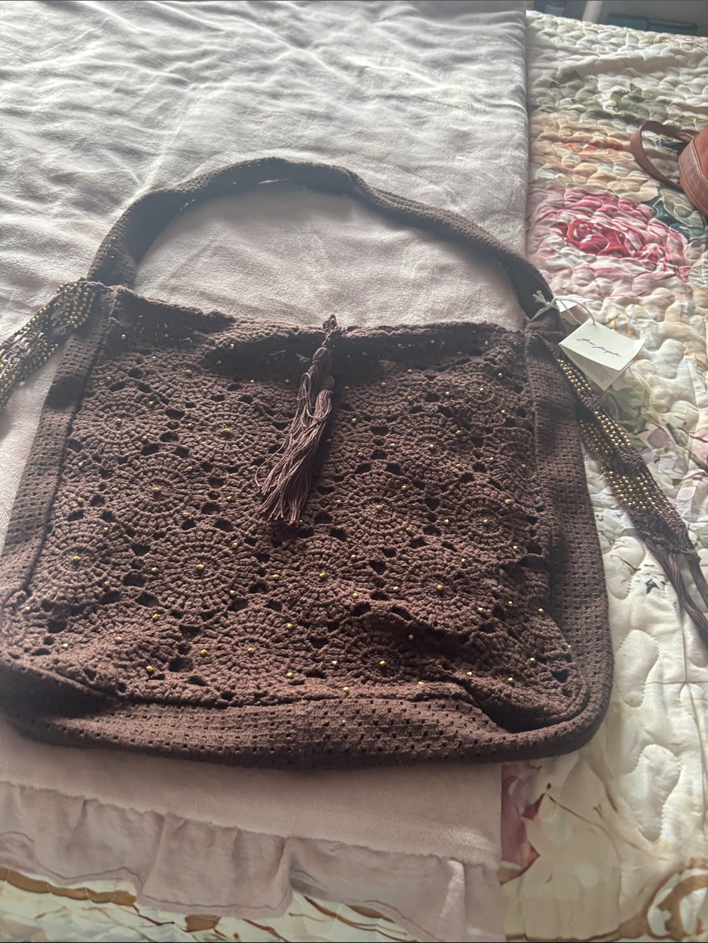 Free People Brown Crochet Tassel Shoulder Bag with Bead Accents